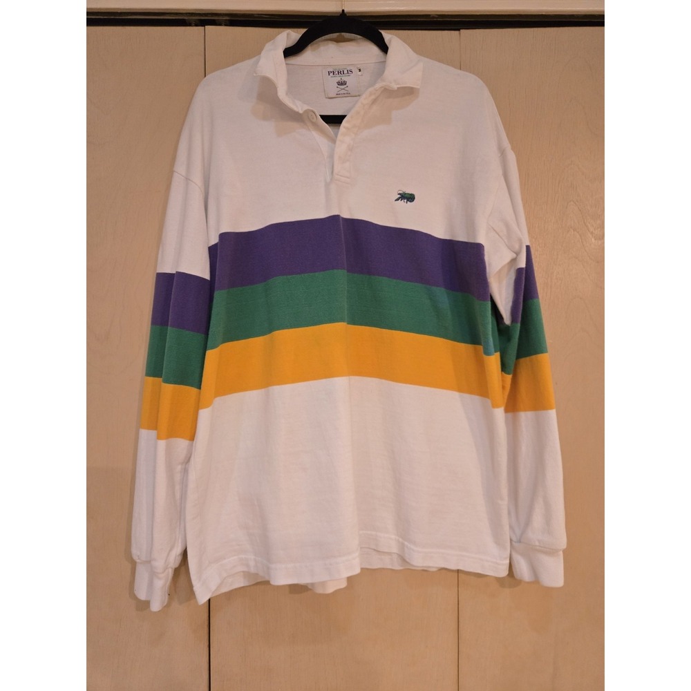 Perlis Mardi Gras Rugby Shirt Mens Medium White Striped VTG Made in USA